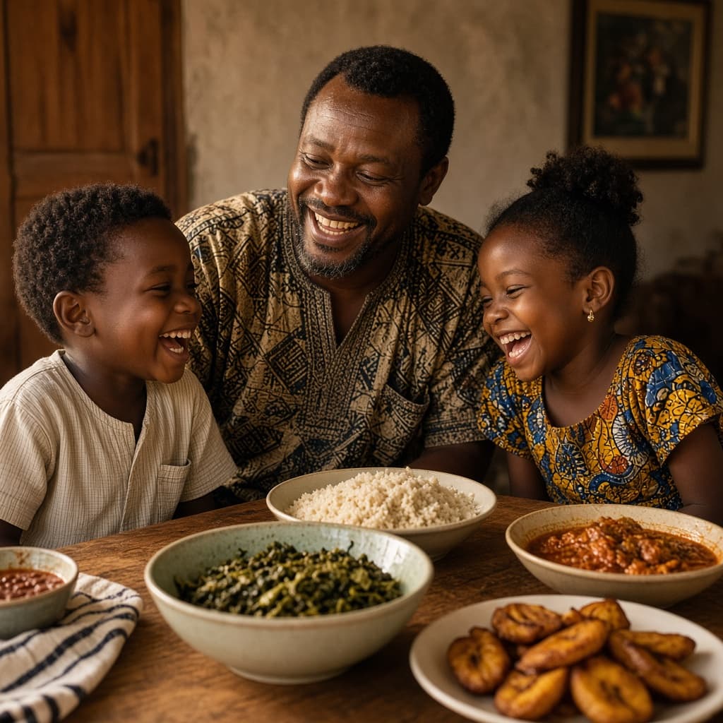 A parent and two children laughing together at dinner