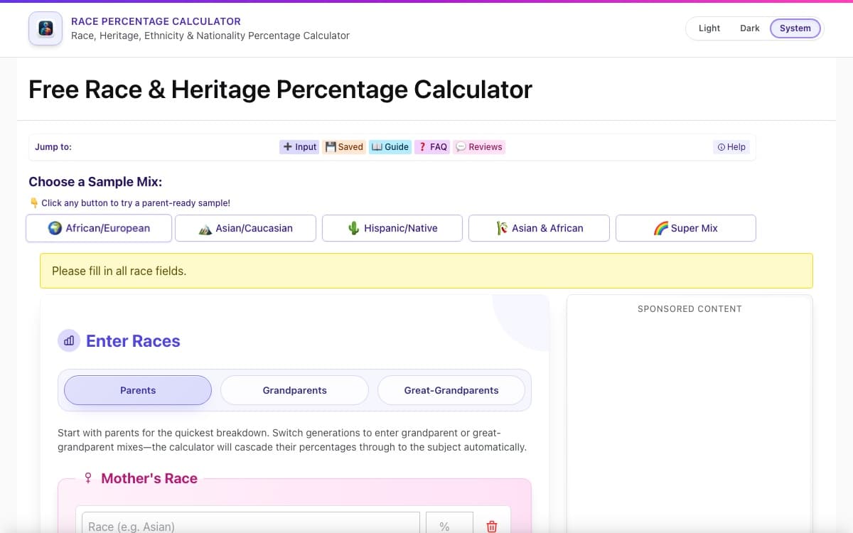Screenshot of Race Percentage Calculator Website - Source Code